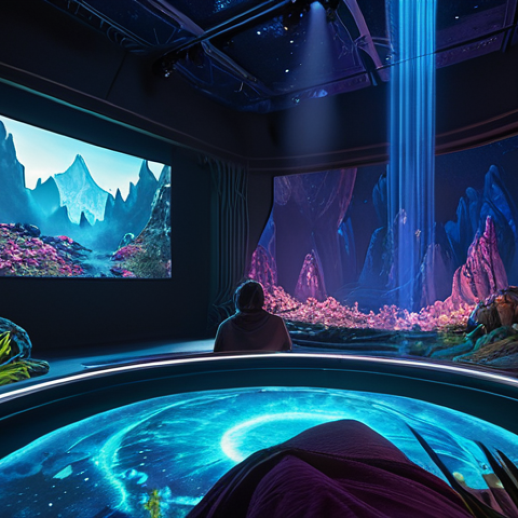 **

`A breathtaking panoramic view of Pandora's floating mountains, rendered in stunning 3D, viewed through lightweight, comfortable 3D glasses. Bioluminescent plants glow in the foreground, creating an immersive, otherworldly experience. Focus on the advanced cinema technology that enhances the image, showing a modern projector beam in the background. The scene is bathed in vibrant colors, evoking a sense of magic and wonder. Cinematic, high-resolution, photorealistic.`

**