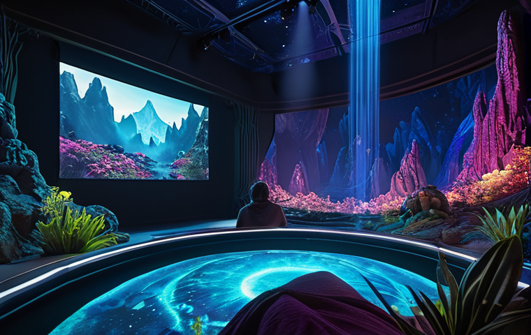 **

`A breathtaking panoramic view of Pandora's floating mountains, rendered in stunning 3D, viewed through lightweight, comfortable 3D glasses. Bioluminescent plants glow in the foreground, creating an immersive, otherworldly experience. Focus on the advanced cinema technology that enhances the image, showing a modern projector beam in the background. The scene is bathed in vibrant colors, evoking a sense of magic and wonder. Cinematic, high-resolution, photorealistic.`

**